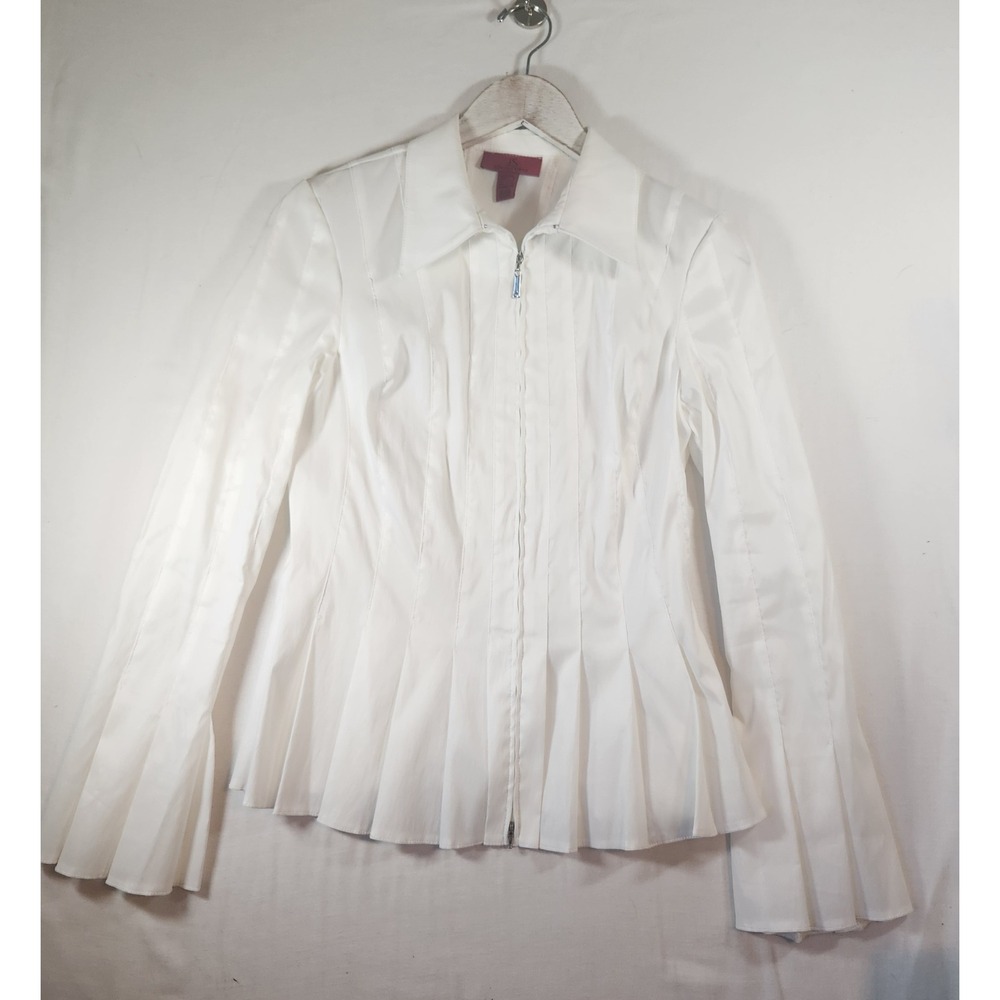 JS Collections White Pleated Zip Front Blouse Flared Cuffs Size 12 Made canada